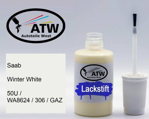 Saab, Winter White, 50U / WA8624 / 306 / GAZ: 20ml Lackstift, von ATW Autoteile West.